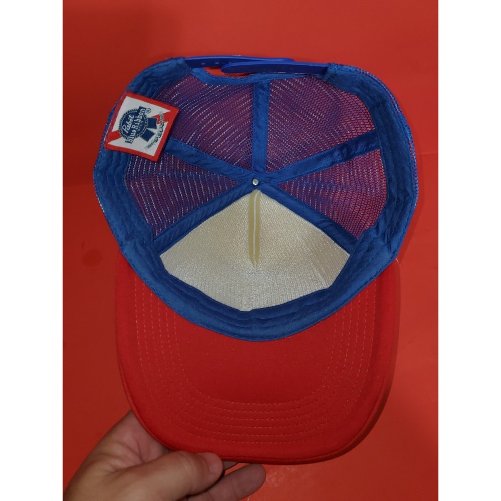 Vintage Pabst Blue Ribbon Hat White Cap Adjustable Hat Adult Mesh Trucker - Picture 7 of 8
